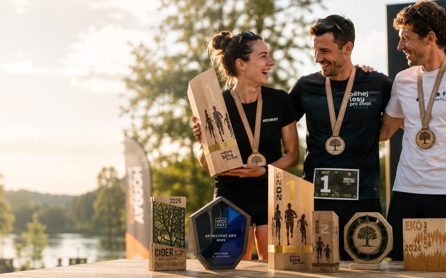 Vítězové s dřevěnými trofejemi a medailemi HOORAY z realizace